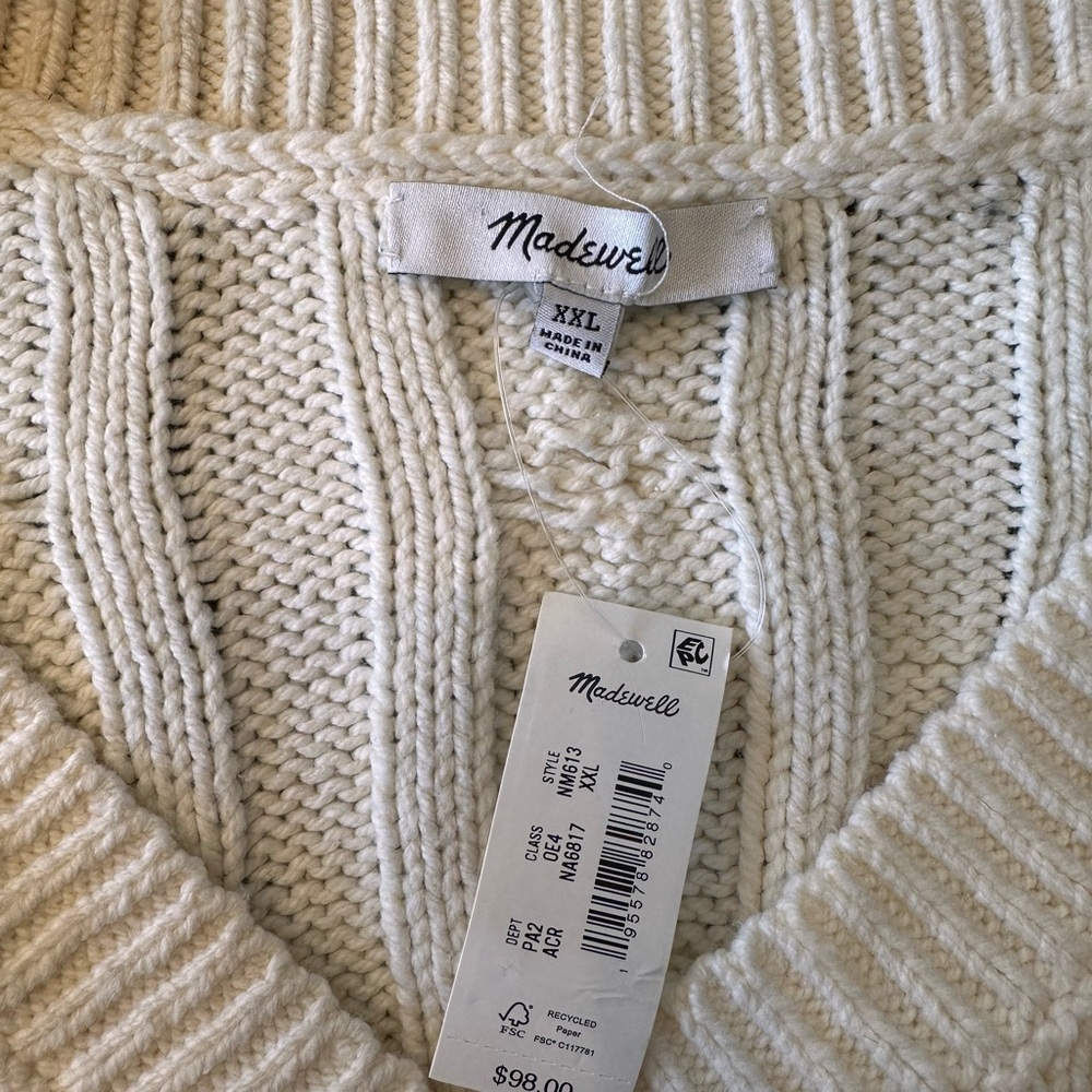 Madewell NWT size XXL V-neck cableknit chunky oversized cream sweater - Picture 8 of 16